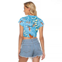 Blue Palaka Hawaiian And Japanese Raglan Cropped T Shirt Sakura Lei With Koi Fish - Polynesian Pride