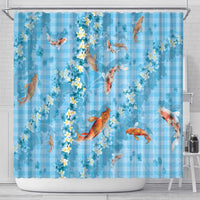 Blue Palaka Hawaiian And Japanese Shower Curtain Sakura Lei With Koi Fish - Polynesian Pride