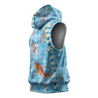 Blue Palaka Hawaiian And Japanese Sleeveless Hoodie Sakura Lei With Koi Fish - Polynesian Pride
