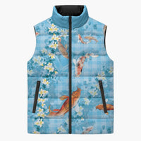 Blue Palaka Hawaiian And Japanese Sleeveless Puffer Jacket Sakura Lei With Koi Fish - Polynesian Pride
