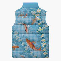 Blue Palaka Hawaiian And Japanese Sleeveless Puffer Jacket Sakura Lei With Koi Fish - Polynesian Pride
