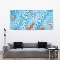 Blue Palaka Hawaiian And Japanese Tapestry Sakura Lei With Koi Fish - Polynesian Pride
