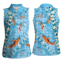 Blue Palaka Hawaiian And Japanese Women Sleeveless Polo Shirt Sakura Lei With Koi Fish - Polynesian Pride