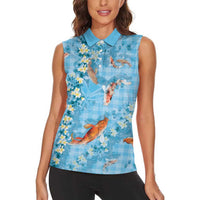 Blue Palaka Hawaiian And Japanese Women Sleeveless Polo Shirt Sakura Lei With Koi Fish - Polynesian Pride