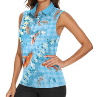 Blue Palaka Hawaiian And Japanese Women Sleeveless Polo Shirt Sakura Lei With Koi Fish - Polynesian Pride
