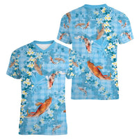 Blue Palaka Hawaiian And Japanese Women V-Neck T-Shirt Sakura Lei With Koi Fish - Polynesian Pride