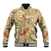 Beige Palaka Hawaiian And Japanese Baseball Jacket Sakura Lei With Koi Fish - Polynesian Pride