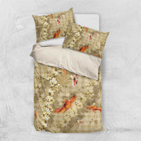 Beige Palaka Hawaiian And Japanese Bedding Set Sakura Lei With Koi Fish - Polynesian Pride