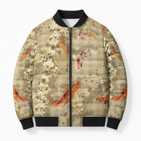 Beige Palaka Hawaiian And Japanese Bomber Puffer Jacket Sakura Lei With Koi Fish - Polynesian Pride