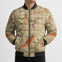 Beige Palaka Hawaiian And Japanese Bomber Puffer Jacket Sakura Lei With Koi Fish - Polynesian Pride