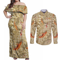 Beige Palaka Hawaiian And Japanese Couples Matching Off Shoulder Maxi Dress and Long Sleeve Button Shirt Sakura Lei With Koi Fish - Polynesian Pride