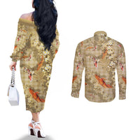 Beige Palaka Hawaiian And Japanese Couples Matching Off The Shoulder Long Sleeve Dress and Long Sleeve Button Shirt Sakura Lei With Koi Fish - Polynesian Pride