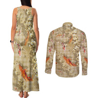 Beige Palaka Hawaiian And Japanese Couples Matching Tank Maxi Dress and Long Sleeve Button Shirt Sakura Lei With Koi Fish - Polynesian Pride
