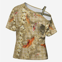 Beige Palaka Hawaiian And Japanese Cross Shoulder Shirt Sakura Lei With Koi Fish - Polynesian Pride