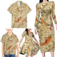 Beige Palaka Hawaiian And Japanese Family Matching Long Sleeve Bodycon Dress and Hawaiian Shirt Sakura Lei With Koi Fish DT05 - Polynesian Pride
