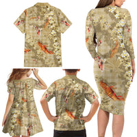 Beige Palaka Hawaiian And Japanese Family Matching Long Sleeve Bodycon Dress and Hawaiian Shirt Sakura Lei With Koi Fish DT05 - Polynesian Pride