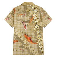 Beige Palaka Hawaiian And Japanese Family Matching Long Sleeve Bodycon Dress and Hawaiian Shirt Sakura Lei With Koi Fish - Polynesian Pride