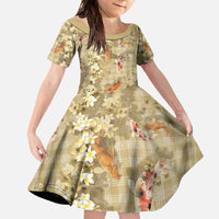 Beige Palaka Hawaiian And Japanese Family Matching Off The Shoulder Long Sleeve Dress and Hawaiian Shirt Sakura Lei With Koi Fish - Polynesian Pride