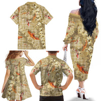 Beige Palaka Hawaiian And Japanese Family Matching Off The Shoulder Long Sleeve Dress and Hawaiian Shirt Sakura Lei With Koi Fish DT05 - Polynesian Pride