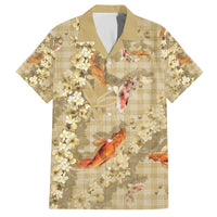 Beige Palaka Hawaiian And Japanese Family Matching Off The Shoulder Long Sleeve Dress and Hawaiian Shirt Sakura Lei With Koi Fish - Polynesian Pride