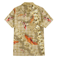 Beige Palaka Hawaiian And Japanese Family Matching Off The Shoulder Long Sleeve Dress and Hawaiian Shirt Sakura Lei With Koi Fish DT05 - Polynesian Pride