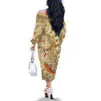 Beige Palaka Hawaiian And Japanese Family Matching Off The Shoulder Long Sleeve Dress and Hawaiian Shirt Sakura Lei With Koi Fish - Polynesian Pride