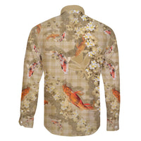 Beige Palaka Hawaiian And Japanese Family Matching Off Shoulder Maxi Dress and Hawaiian Shirt Sakura Lei With Koi Fish DT05 - Polynesian Pride