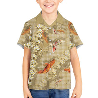 Beige Palaka Hawaiian And Japanese Family Matching Puletasi and Hawaiian Shirt Sakura Lei With Koi Fish - Polynesian Pride