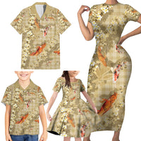 Beige Palaka Hawaiian And Japanese Family Matching Short Sleeve Bodycon Dress and Hawaiian Shirt Sakura Lei With Koi Fish - Polynesian Pride