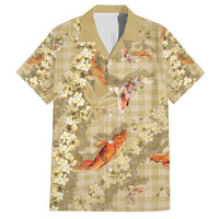 Beige Palaka Hawaiian And Japanese Family Matching Short Sleeve Bodycon Dress and Hawaiian Shirt Sakura Lei With Koi Fish - Polynesian Pride