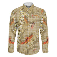 Beige Palaka Hawaiian And Japanese Family Matching Short Sleeve Bodycon Dress and Hawaiian Shirt Sakura Lei With Koi Fish DT05 Dad's Shirt - Long Sleeve Beige - Polynesian Pride