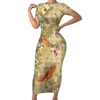 Beige Palaka Hawaiian And Japanese Family Matching Short Sleeve Bodycon Dress and Hawaiian Shirt Sakura Lei With Koi Fish DT05 Mom's Dress Beige - Polynesian Pride