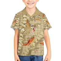 Beige Palaka Hawaiian And Japanese Family Matching Short Sleeve Bodycon Dress and Hawaiian Shirt Sakura Lei With Koi Fish DT05 Son's Shirt Beige - Polynesian Pride
