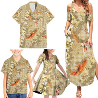 Beige Palaka Hawaiian And Japanese Family Matching Summer Maxi Dress and Hawaiian Shirt Sakura Lei With Koi Fish - Polynesian Pride