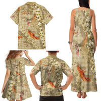 Beige Palaka Hawaiian And Japanese Family Matching Tank Maxi Dress and Hawaiian Shirt Sakura Lei With Koi Fish - Polynesian Pride