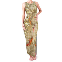 Beige Palaka Hawaiian And Japanese Family Matching Tank Maxi Dress and Hawaiian Shirt Sakura Lei With Koi Fish - Polynesian Pride