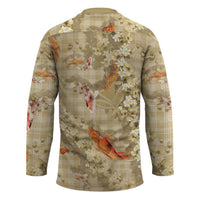 Beige Palaka Hawaiian And Japanese Hockey Jersey Sakura Lei With Koi Fish - Polynesian Pride