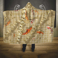 Beige Palaka Hawaiian And Japanese Hooded Blanket Sakura Lei With Koi Fish - Polynesian Pride