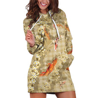Beige Palaka Hawaiian And Japanese Hoodie Dress Sakura Lei With Koi Fish - Polynesian Pride