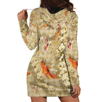 Beige Palaka Hawaiian And Japanese Hoodie Dress Sakura Lei With Koi Fish - Polynesian Pride