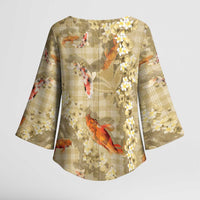 Beige Palaka Hawaiian And Japanese Kimono Sleeve Blouse Sakura Lei With Koi Fish - Polynesian Pride