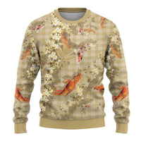 Beige Palaka Hawaiian And Japanese Ugly Christmas Sweater Sakura Lei With Koi Fish - Polynesian Pride