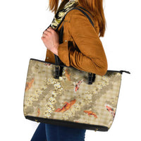 Beige Palaka Hawaiian And Japanese Leather Tote Bag Sakura Lei With Koi Fish - Polynesian Pride