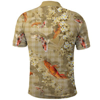 Beige Palaka Hawaiian And Japanese Polo Shirt Sakura Lei With Koi Fish - Polynesian Pride