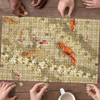 Beige Palaka Hawaiian And Japanese Puzzle Sakura Lei With Koi Fish - Polynesian Pride