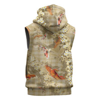 Beige Palaka Hawaiian And Japanese Sleeveless Zip Hoodie Sakura Lei With Koi Fish - Polynesian Pride