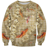Beige Palaka Hawaiian And Japanese Sweatshirt Sakura Lei With Koi Fish - Polynesian Pride