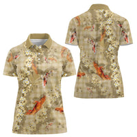 Beige Palaka Hawaiian And Japanese Women Polo Shirt Sakura Lei With Koi Fish DT05 - Polynesian Pride
