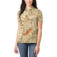 Beige Palaka Hawaiian And Japanese Women Polo Shirt Sakura Lei With Koi Fish - Polynesian Pride