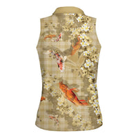 Beige Palaka Hawaiian And Japanese Women Sleeveless Polo Shirt Sakura Lei With Koi Fish - Polynesian Pride